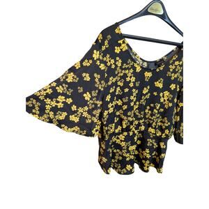 Boho Flowy Who What Wear Yellow Floral Black Peplum Blouse Flowy Top XXL
